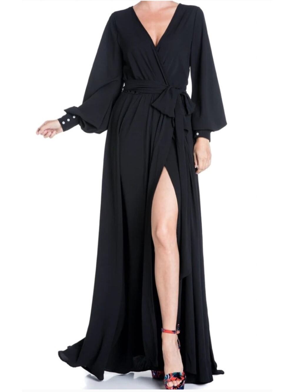 NWT Maroths Black Satin Long Sleeve Faux Wrap Maxi Dress Tie Waist Formal XL